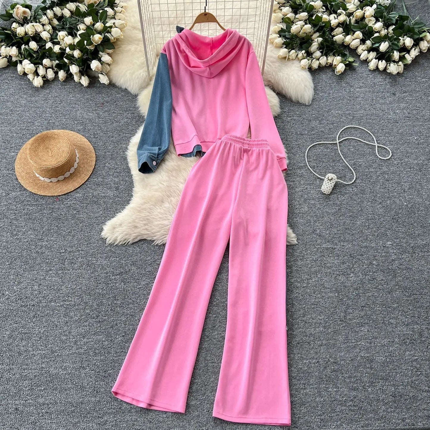 Two Piece Pant Set Hooded Casual Loose Fit Top And Wide Leg Denim Pants For Everyday Style - SN Wigs & More