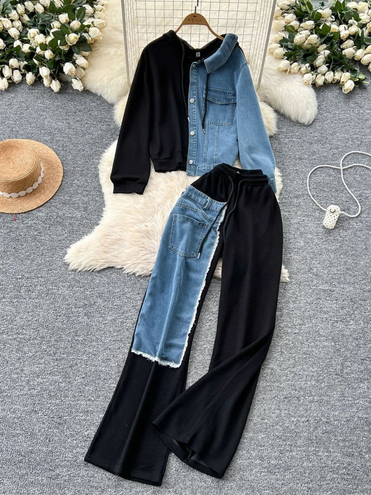 Two Piece Pant Set Hooded Casual Loose Fit Top And Wide Leg Denim Pants For Everyday Style - SN Wigs & More