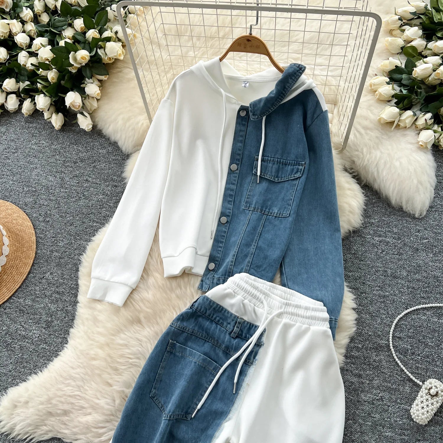 Two Piece Pant Set Hooded Casual Loose Fit Top And Wide Leg Denim Pants For Everyday Style - SN Wigs & More