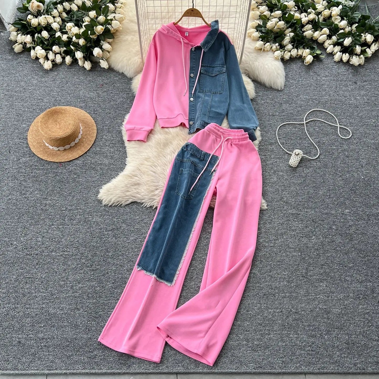 Two Piece Pant Set Hooded Casual Loose Fit Top And Wide Leg Denim Pants For Everyday Style - SN Wigs & More
