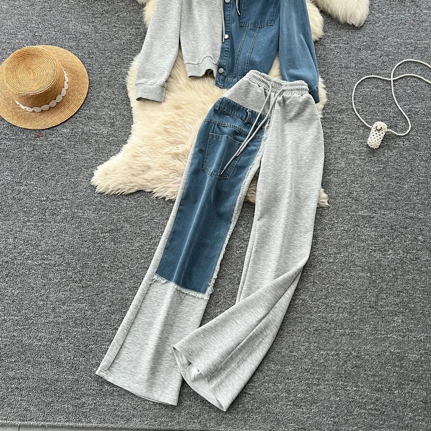 Two Piece Pant Set Hooded Casual Loose Fit Top And Wide Leg Denim Pants For Everyday Style - SN Wigs & More