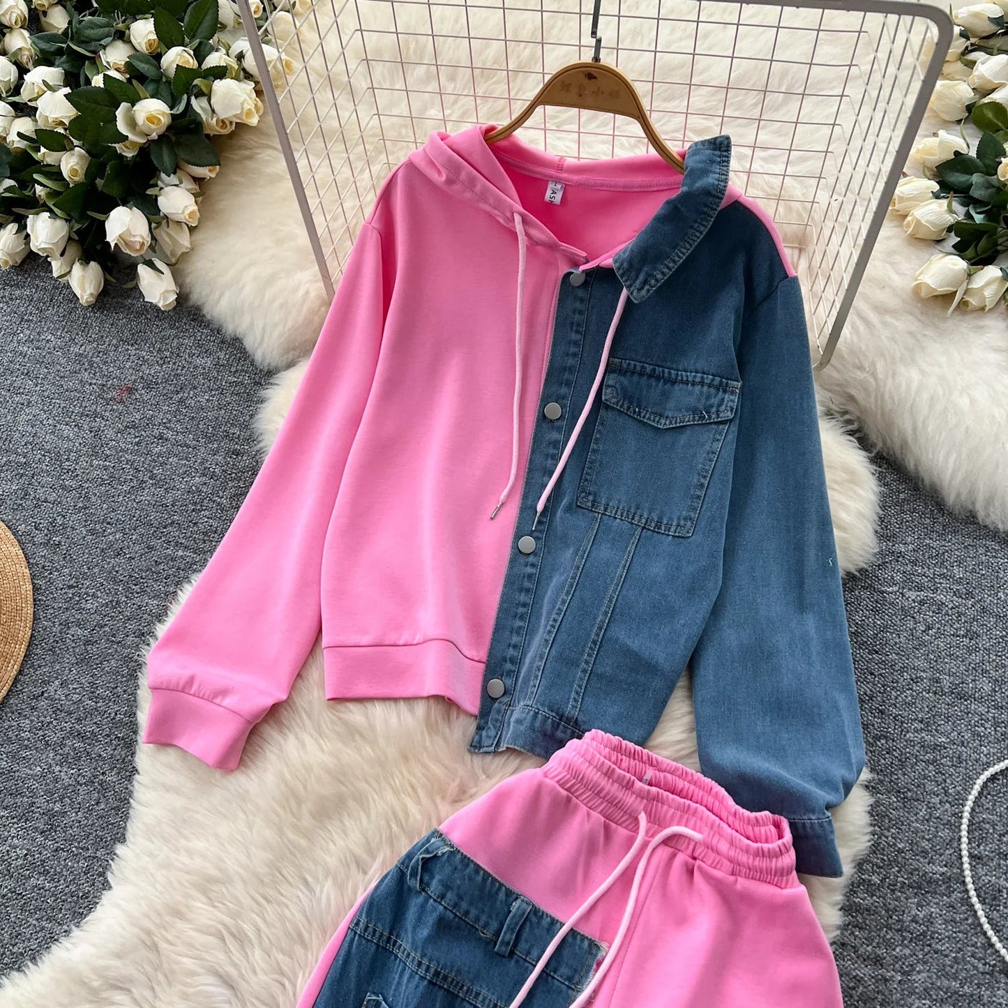 Two Piece Pant Set Hooded Casual Loose Fit Top And Wide Leg Denim Pants For Everyday Style - SN Wigs & More