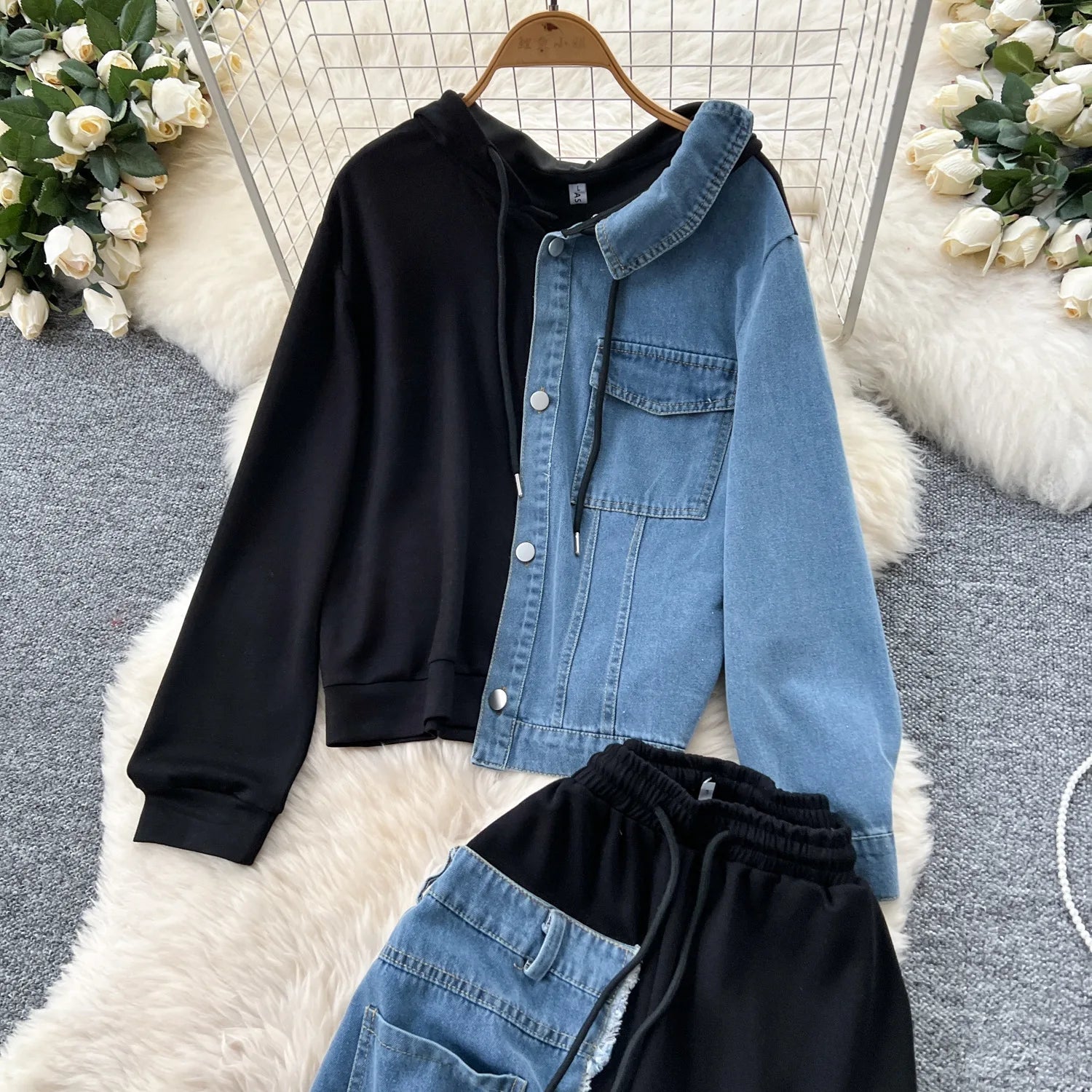 Two Piece Pant Set Hooded Casual Loose Fit Top And Wide Leg Denim Pants For Everyday Style - SN Wigs & More