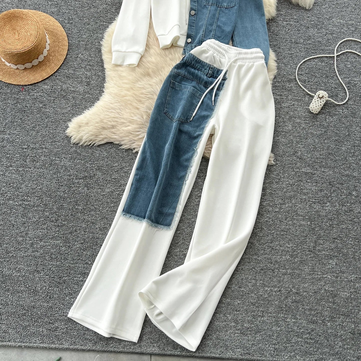 Two Piece Pant Set Hooded Casual Loose Fit Top And Wide Leg Denim Pants For Everyday Style - SN Wigs & More