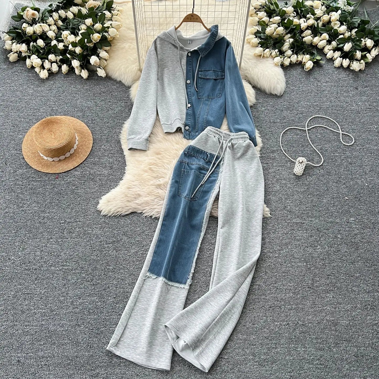 Two Piece Pant Set Hooded Casual Loose Fit Top And Wide Leg Denim Pants For Everyday Style - SN Wigs & More