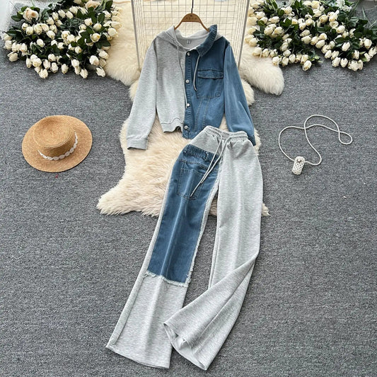 Two Piece Pant Set Hooded Casual Loose Fit Top And Wide Leg Denim Pants For Everyday Style - SN Wigs & More