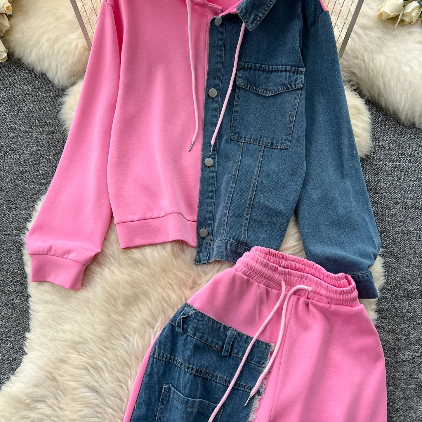 Two Piece Pant Set Hooded Casual Loose Fit Top And Wide Leg Denim Pants For Everyday Style - SN Wigs & More