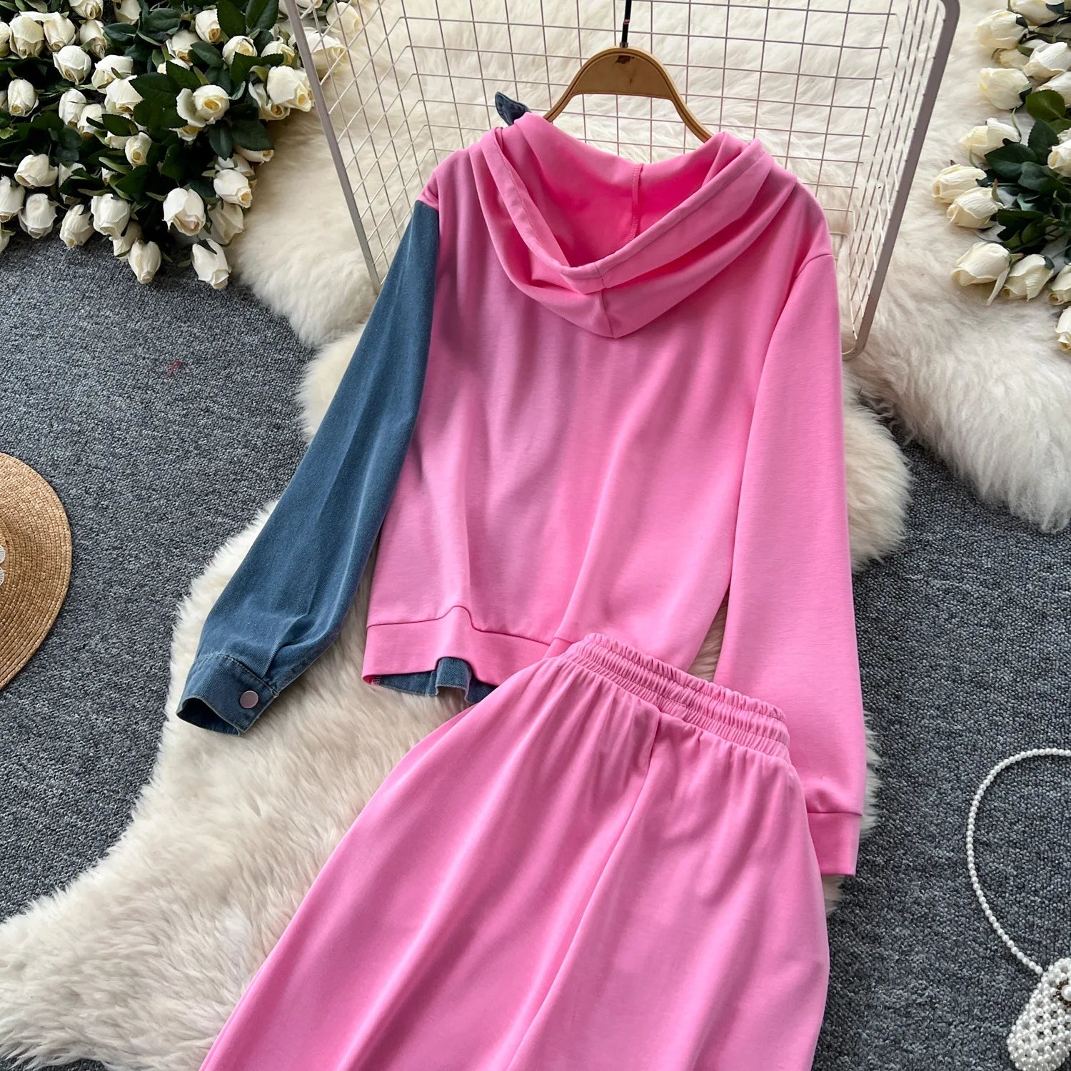 Two Piece Pant Set Hooded Casual Loose Fit Top And Wide Leg Denim Pants For Everyday Style - SN Wigs & More