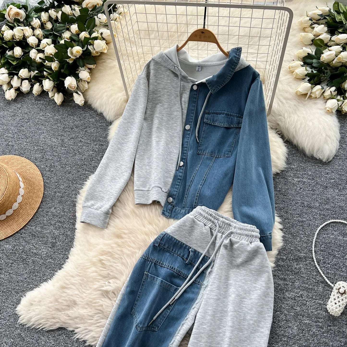 Two Piece Pant Set Hooded Casual Loose Fit Top And Wide Leg Denim Pants For Everyday Style - SN Wigs & More