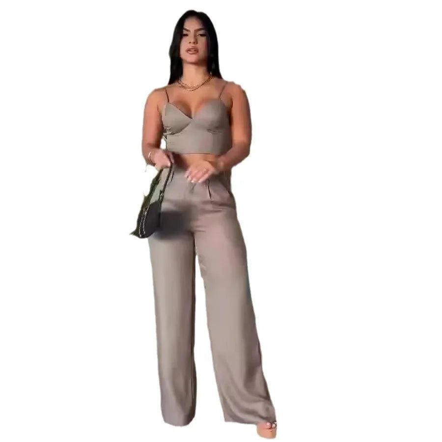 Two Piece Pant Set + Sling Sleeveless V - Neck Top With Slim Fit And High Waist Wide - Leg Pants + Elegant Style - SN Wigs & More