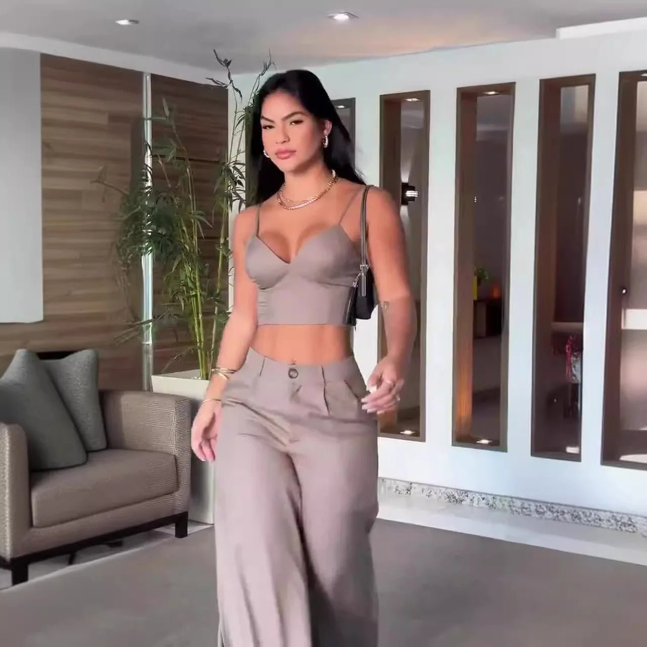 Two Piece Pant Set + Sling Sleeveless V - Neck Top With Slim Fit And High Waist Wide - Leg Pants + Elegant Style - SN Wigs & More