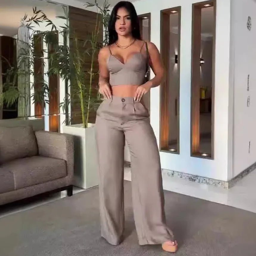 Two Piece Pant Set + Sling Sleeveless V - Neck Top With Slim Fit And High Waist Wide - Leg Pants + Elegant Style - SN Wigs & More