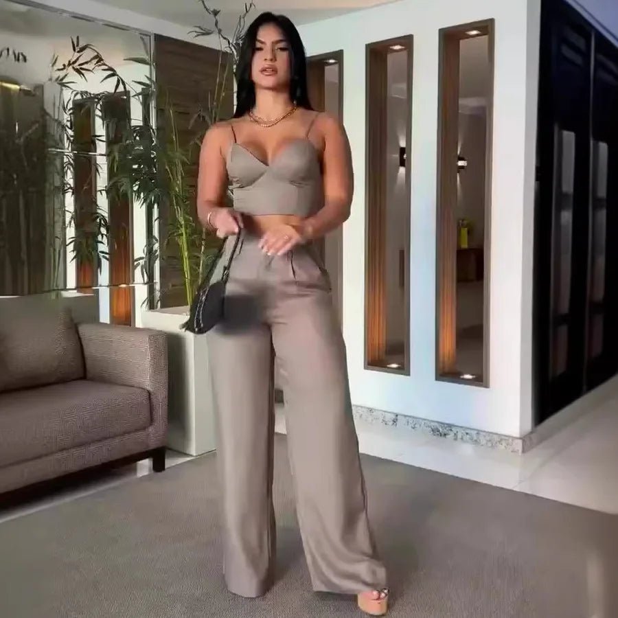 Two Piece Pant Set + Sling Sleeveless V - Neck Top With Slim Fit And High Waist Wide - Leg Pants + Elegant Style - SN Wigs & More