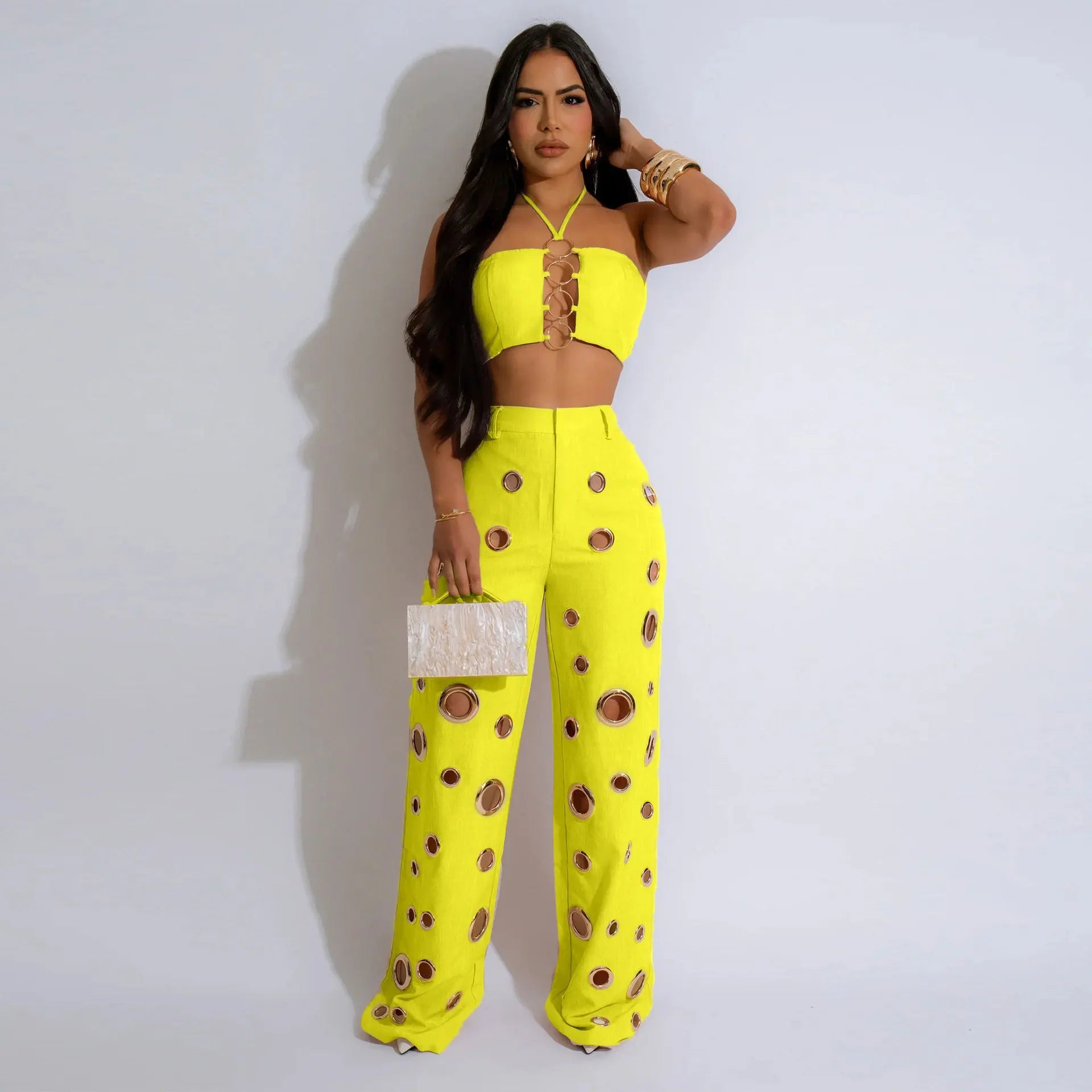 Two Piece Pant Set Strapless Bustier Top High Waist Wide Leg Y2K Streetwear Collection - SN Wigs & More
