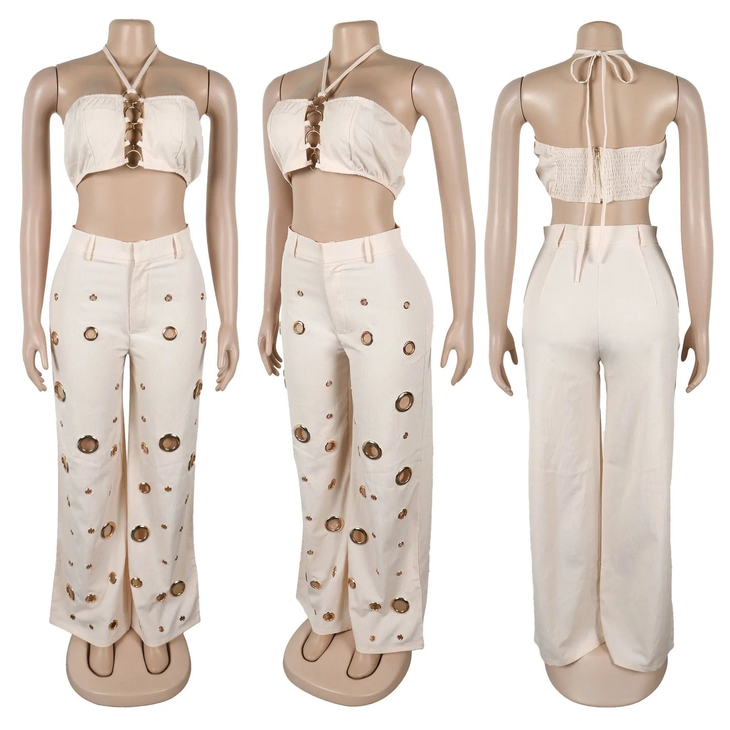 Two Piece Pant Set Strapless Bustier Top High Waist Wide Leg Y2K Streetwear Collection - SN Wigs & More