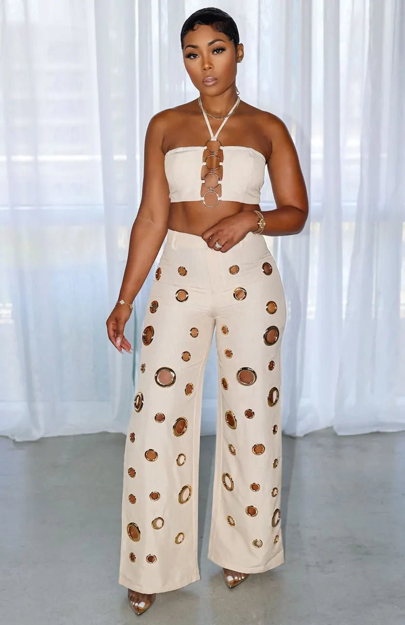 Two Piece Pant Set Strapless Bustier Top High Waist Wide Leg Y2K Streetwear Collection - SN Wigs & More