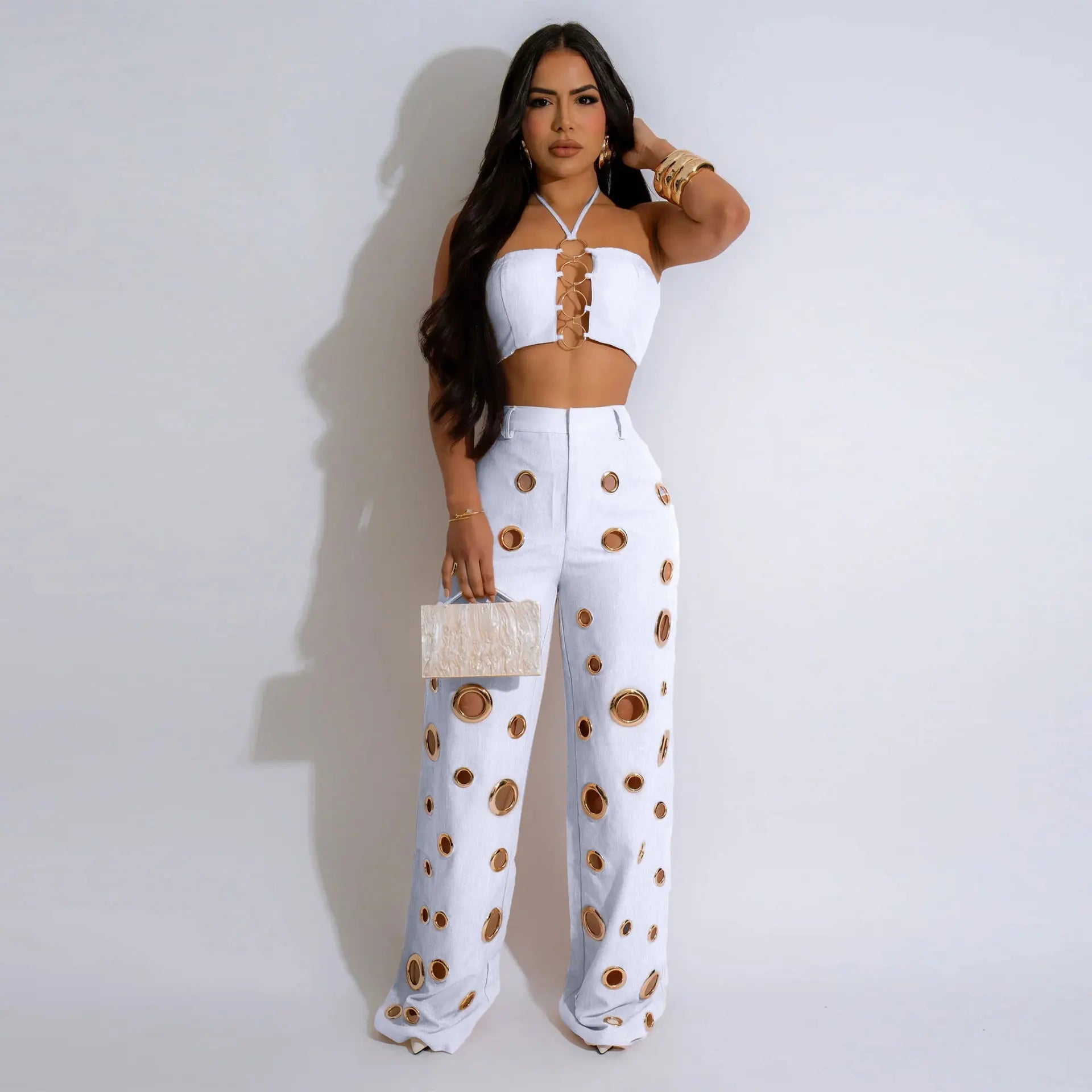 Two Piece Pant Set Strapless Bustier Top High Waist Wide Leg Y2K Streetwear Collection - SN Wigs & More