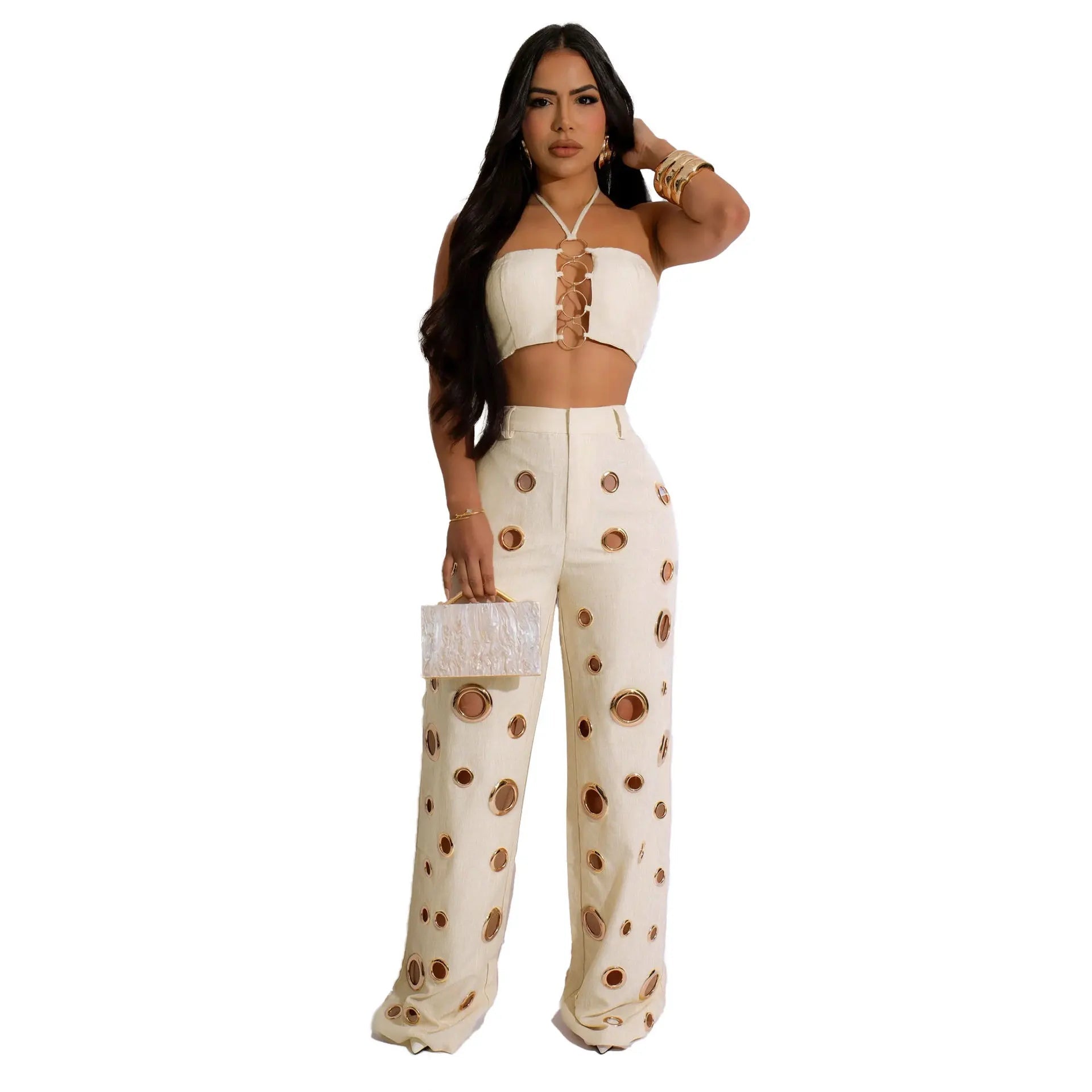 Two Piece Pant Set Strapless Bustier Top High Waist Wide Leg Y2K Streetwear Collection - SN Wigs & More