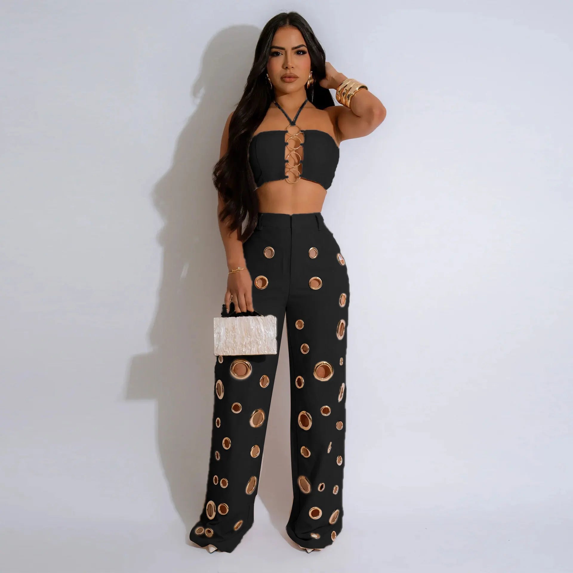 Two Piece Pant Set Strapless Bustier Top High Waist Wide Leg Y2K Streetwear Collection - SN Wigs & More