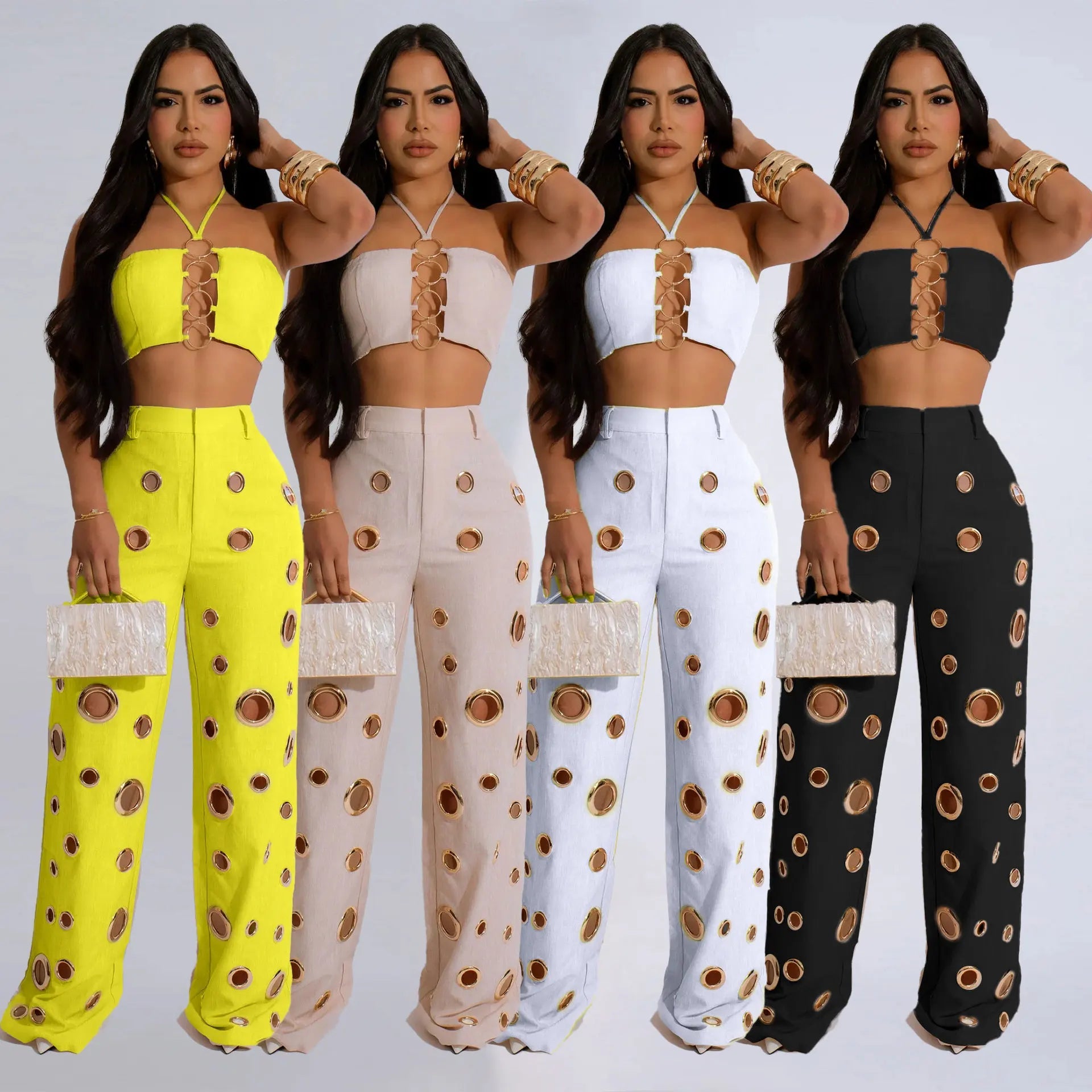 Two Piece Pant Set Strapless Bustier Top High Waist Wide Leg Y2K Streetwear Collection - SN Wigs & More