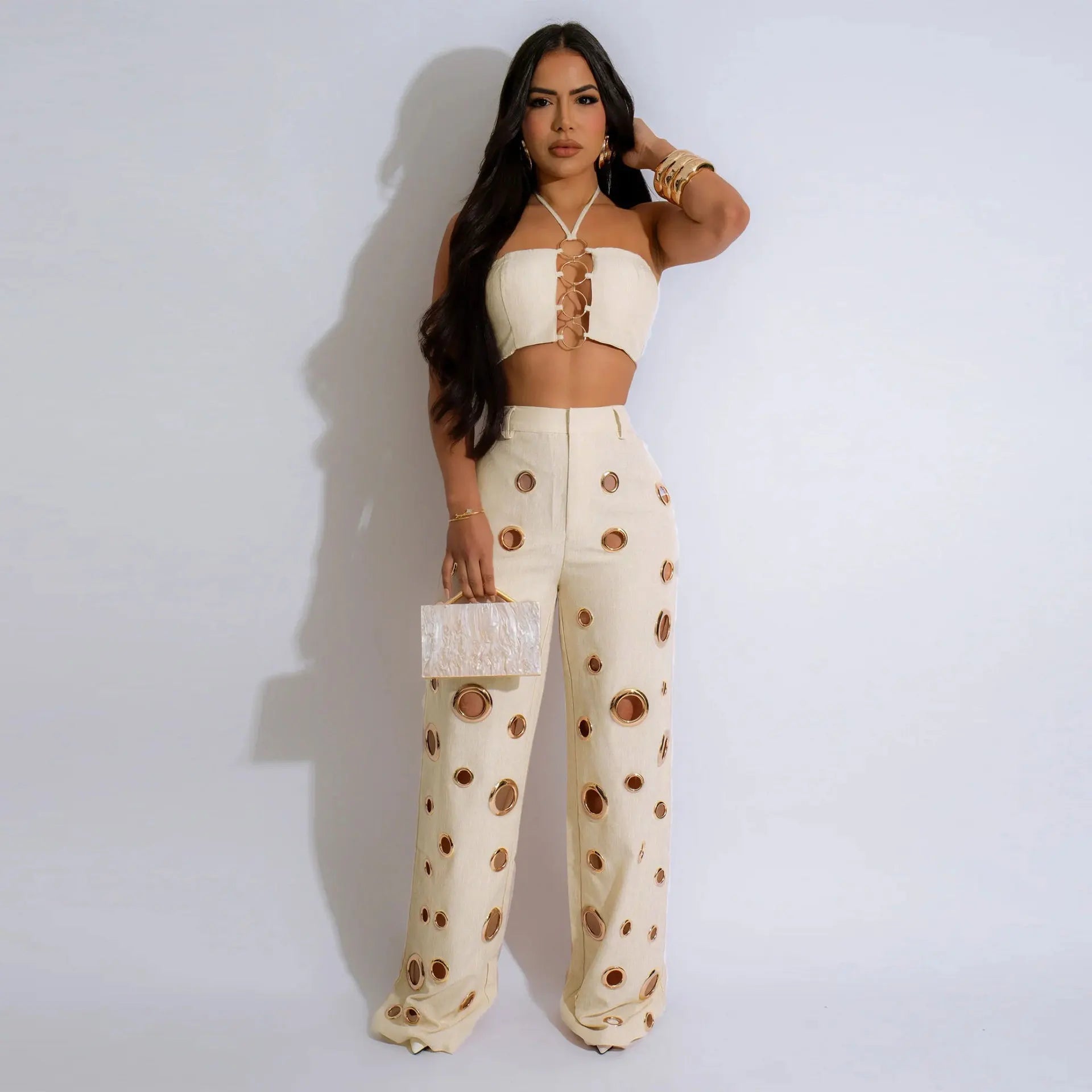 Two Piece Pant Set Strapless Bustier Top High Waist Wide Leg Y2K Streetwear Collection - SN Wigs & More