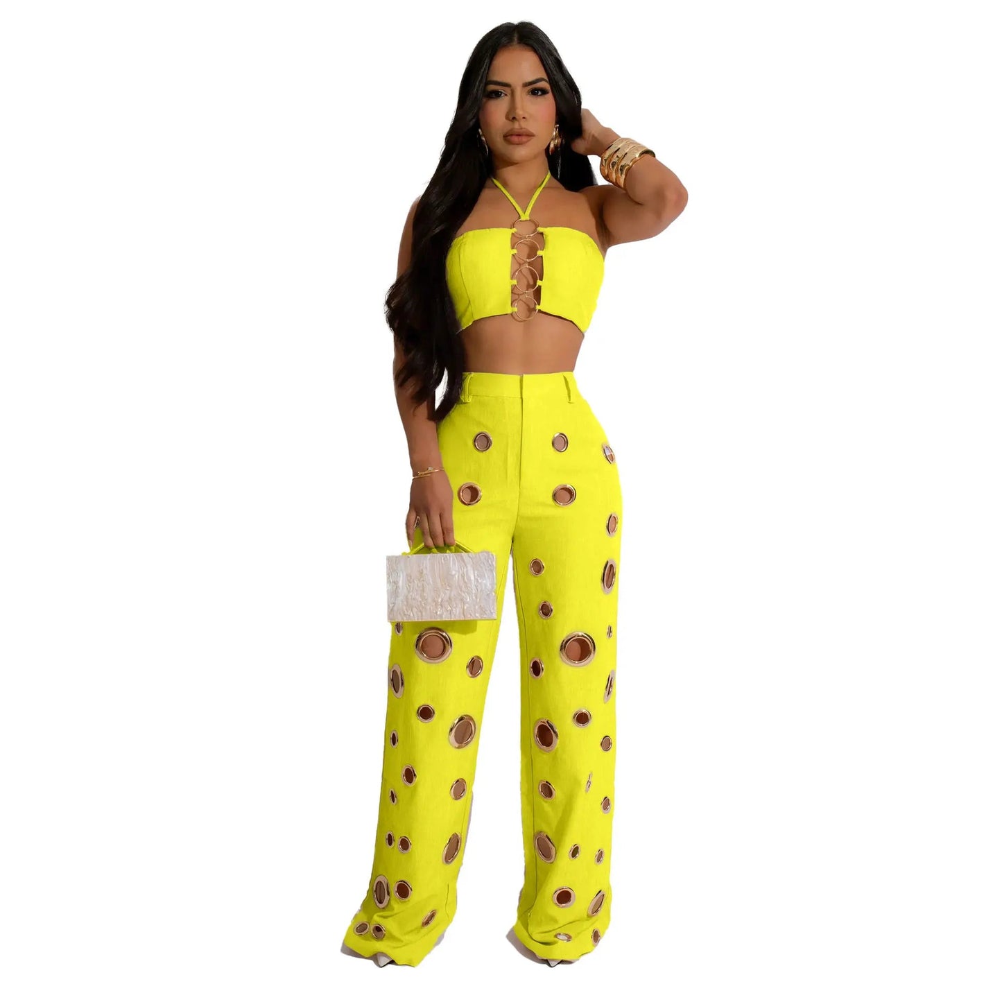Two Piece Pant Set Strapless Bustier Top High Waist Wide Leg Y2K Streetwear Collection - SN Wigs & More