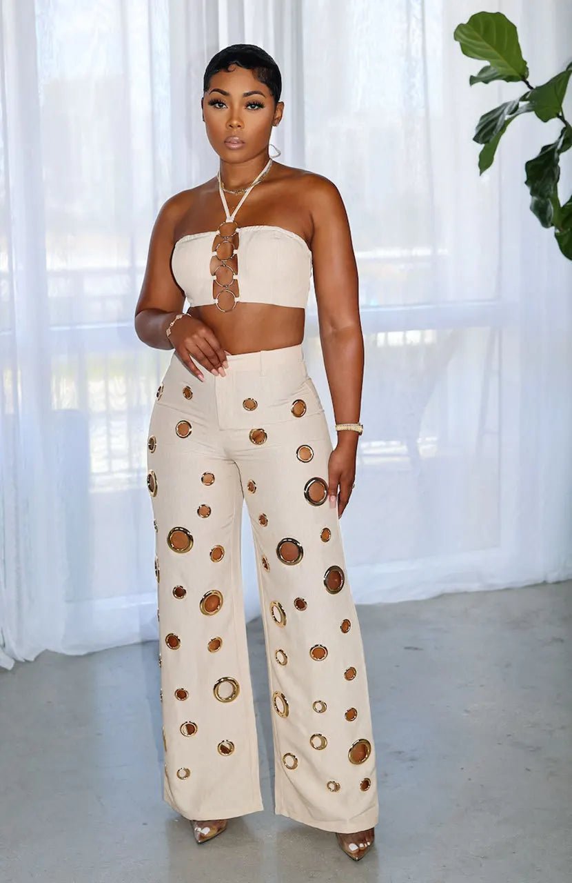 Two Piece Pant Set Strapless Bustier Top High Waist Wide Leg Y2K Streetwear Collection - SN Wigs & More