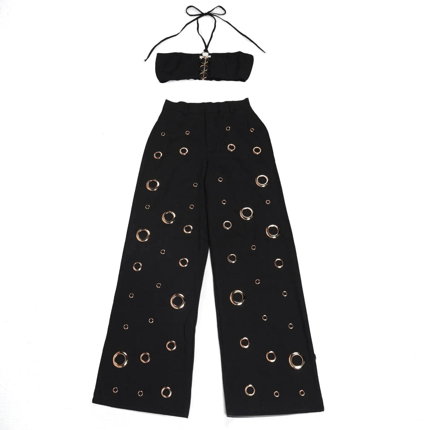 Two Piece Pant Set Strapless Bustier Top High Waist Wide Leg Y2K Streetwear Collection - SN Wigs & More