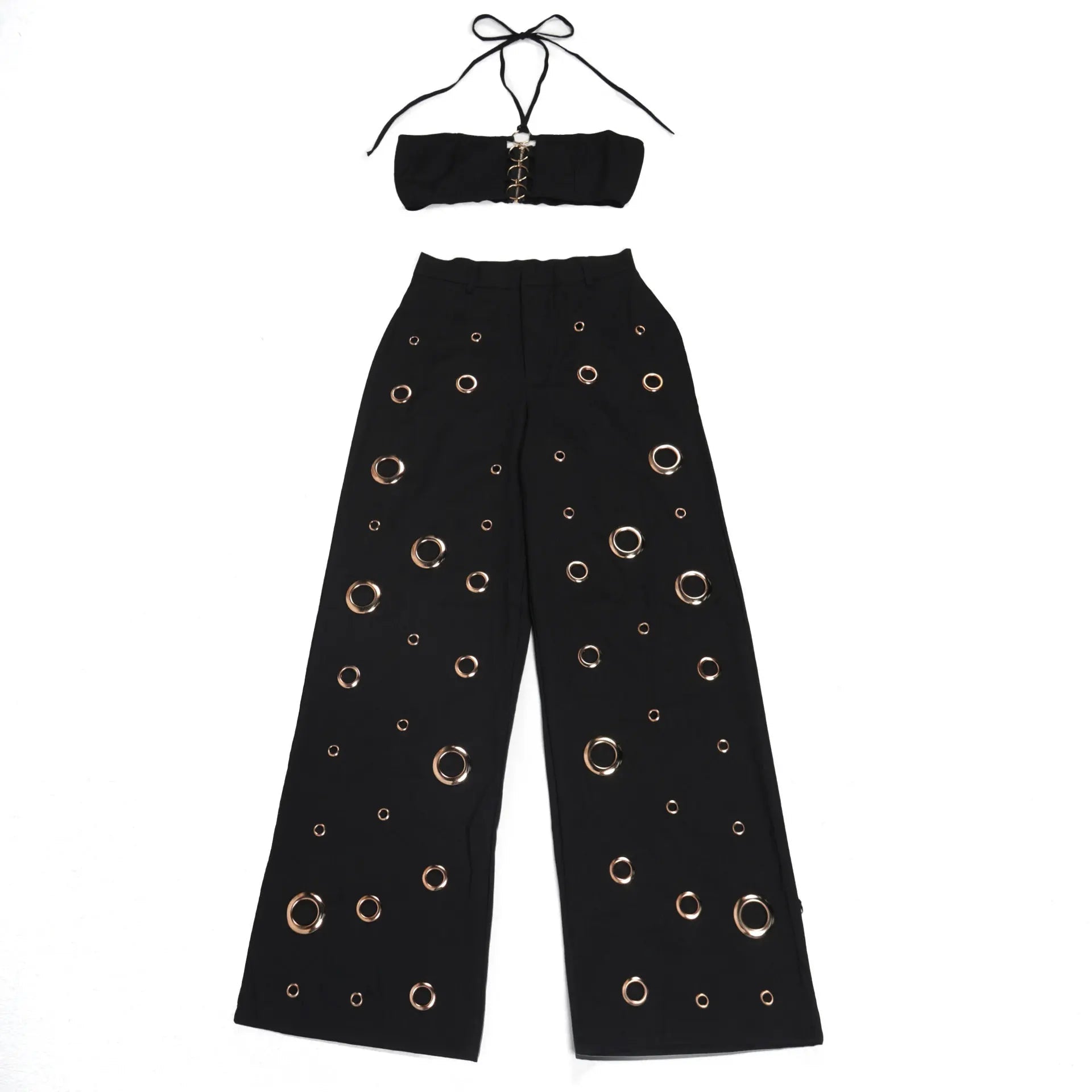 Two Piece Pant Set Strapless Bustier Top High Waist Wide Leg Y2K Streetwear Collection - SN Wigs & More