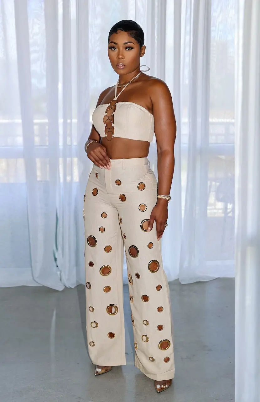 Two Piece Pant Set Strapless Bustier Top High Waist Wide Leg Y2K Streetwear Collection - SN Wigs & More