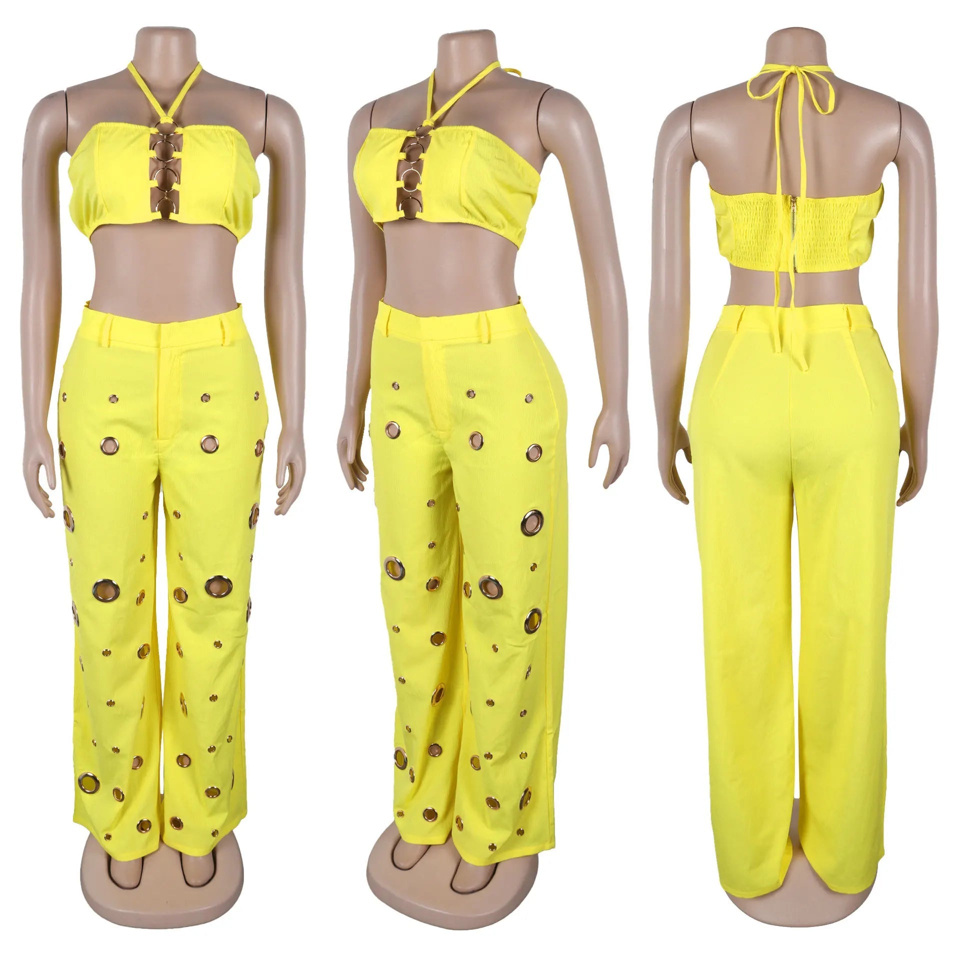 Two Piece Pant Set Strapless Bustier Top High Waist Wide Leg Y2K Streetwear Collection - SN Wigs & More
