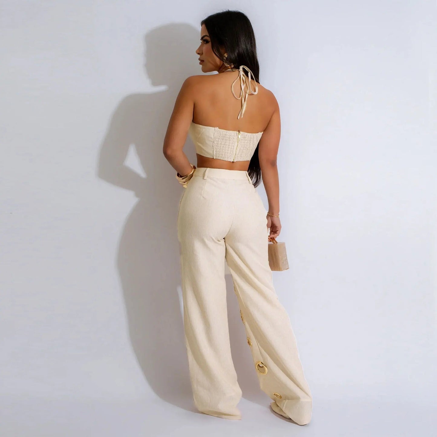 Two Piece Pant Set Strapless Bustier Top High Waist Wide Leg Y2K Streetwear Collection - SN Wigs & More
