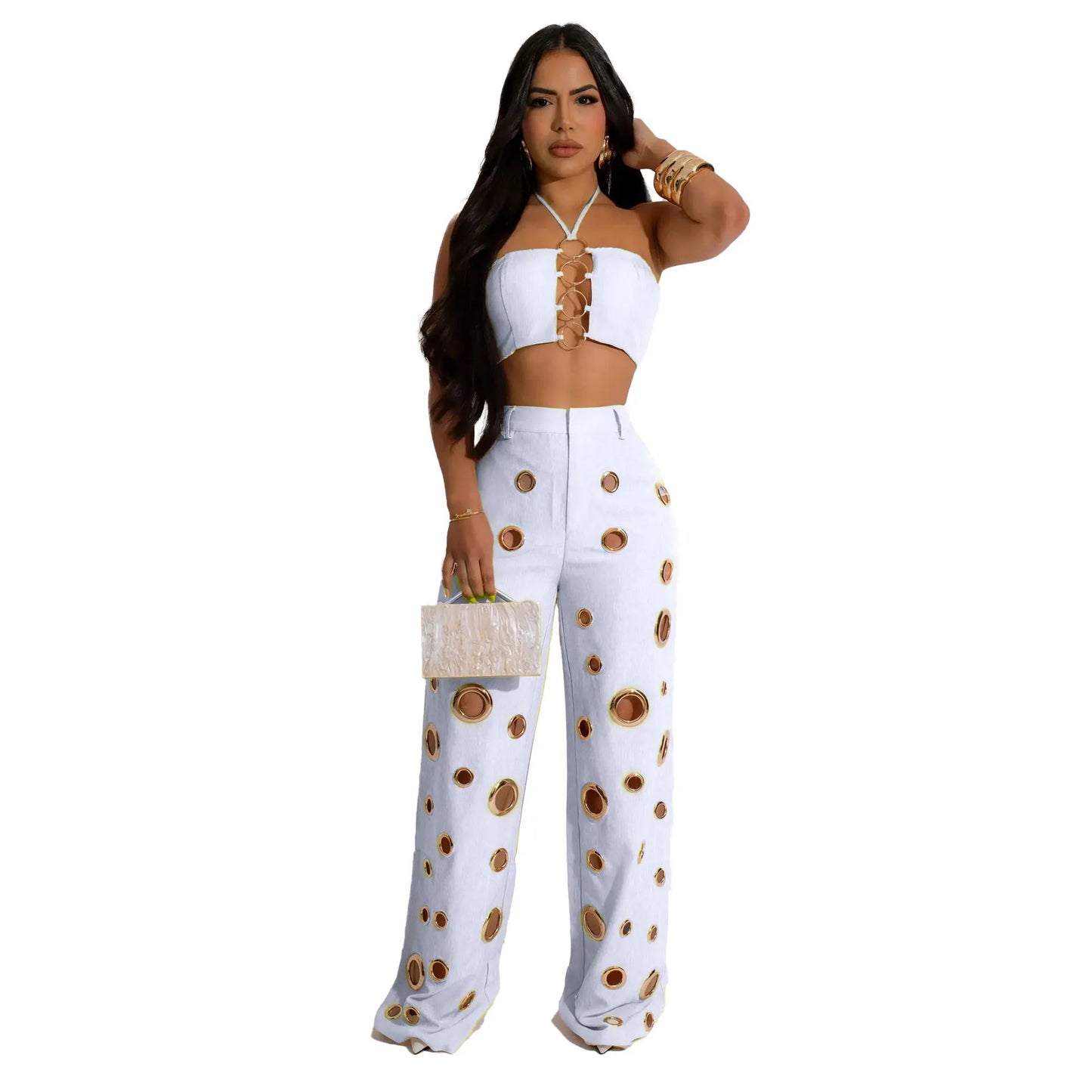 Two Piece Pant Set Strapless Bustier Top High Waist Wide Leg Y2K Streetwear Collection - SN Wigs & More