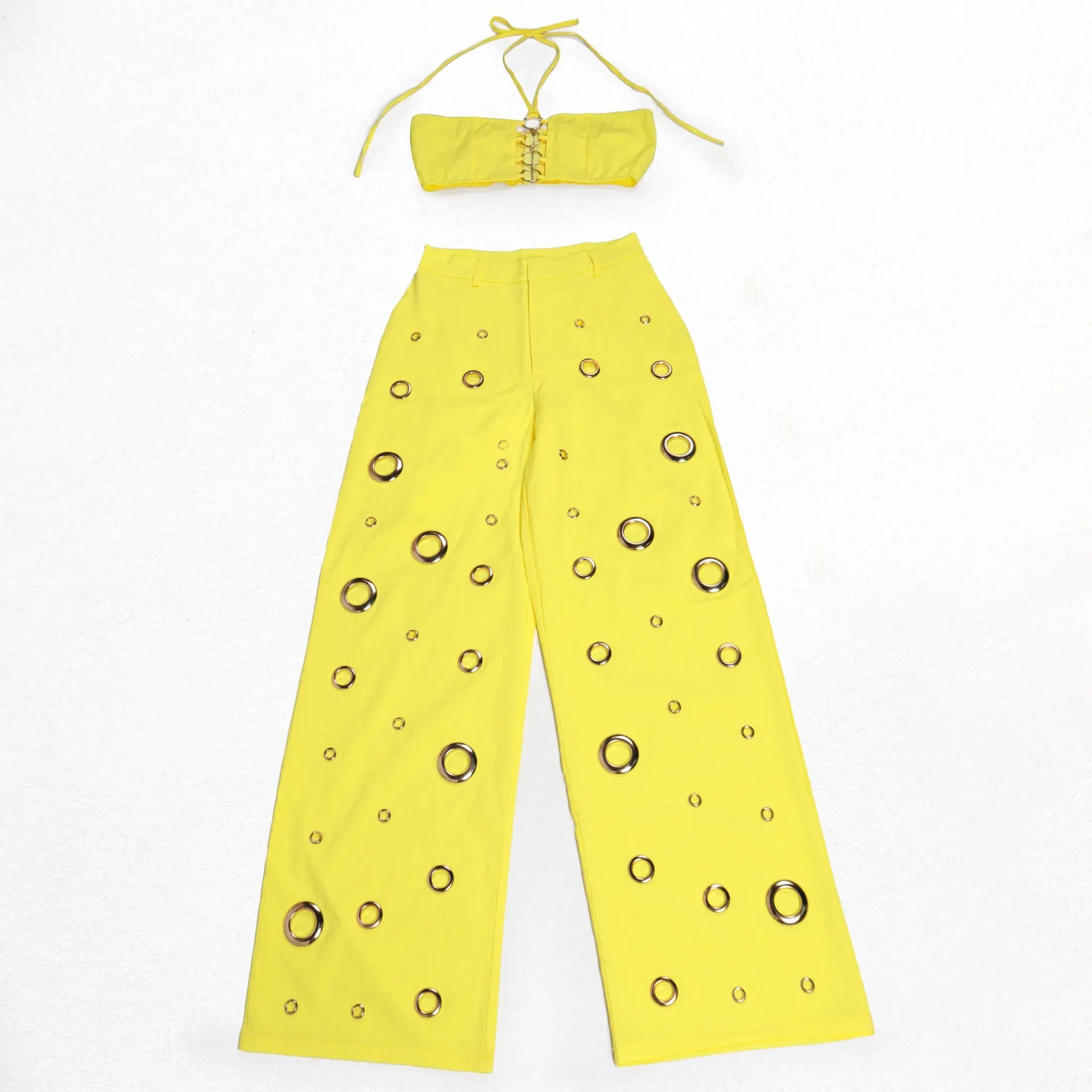 Two Piece Pant Set Strapless Bustier Top High Waist Wide Leg Y2K Streetwear Collection - SN Wigs & More