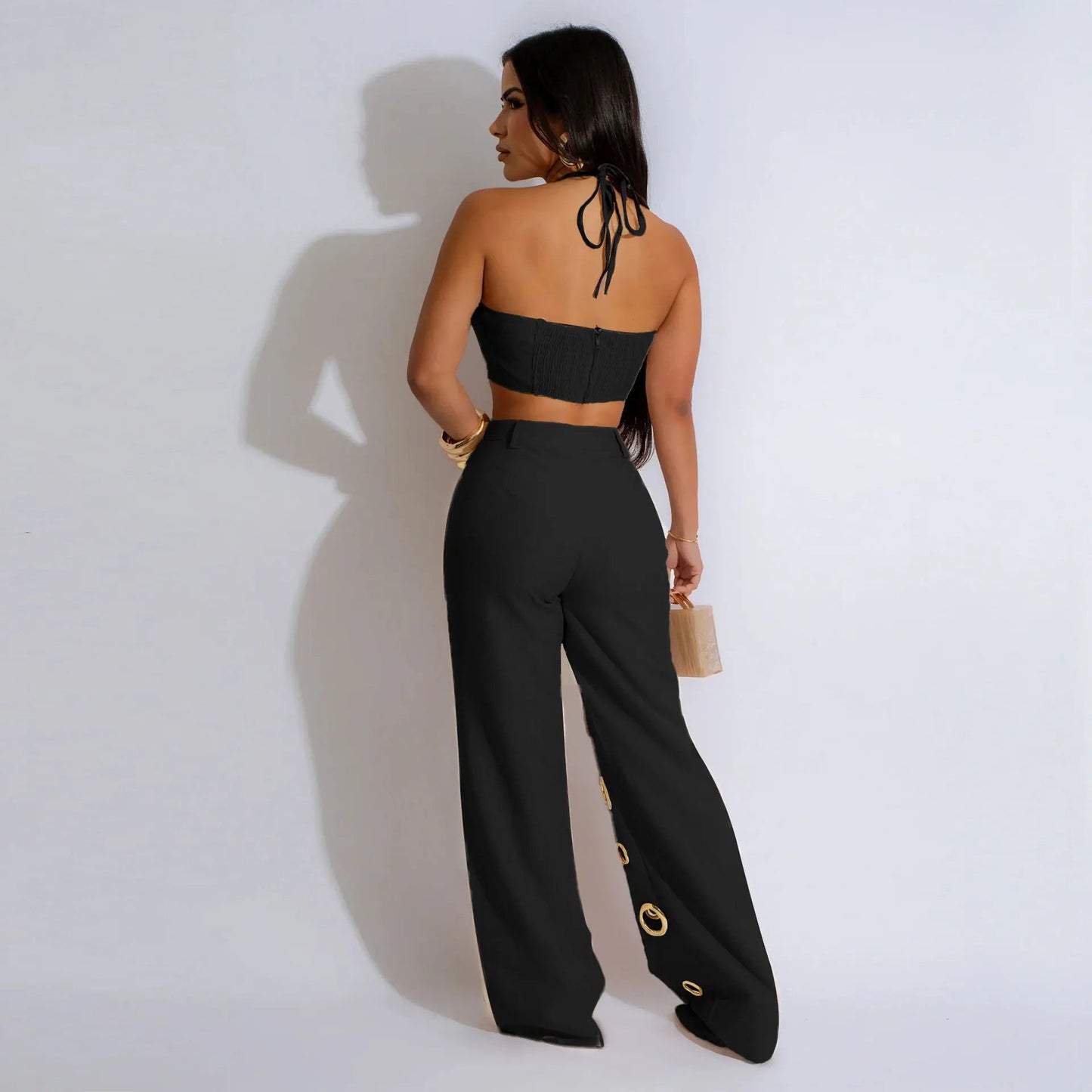 Two Piece Pant Set Strapless Bustier Top High Waist Wide Leg Y2K Streetwear Collection - SN Wigs & More