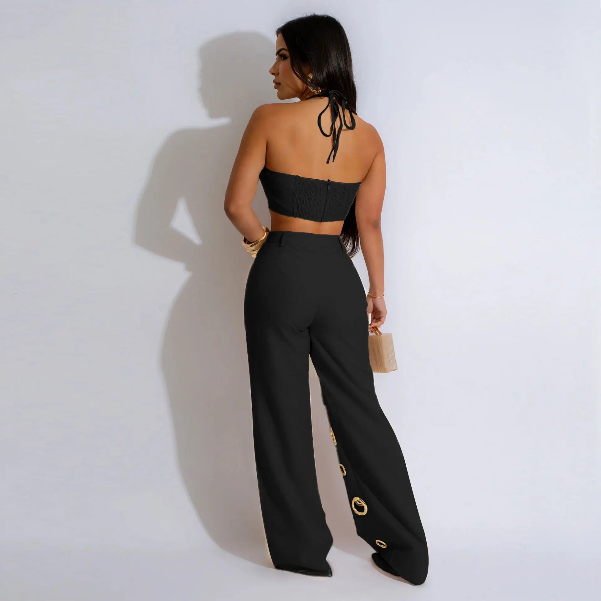 Two Piece Pant Set Strapless Bustier Top High Waist Wide Leg Y2K Streetwear Collection - SN Wigs & More