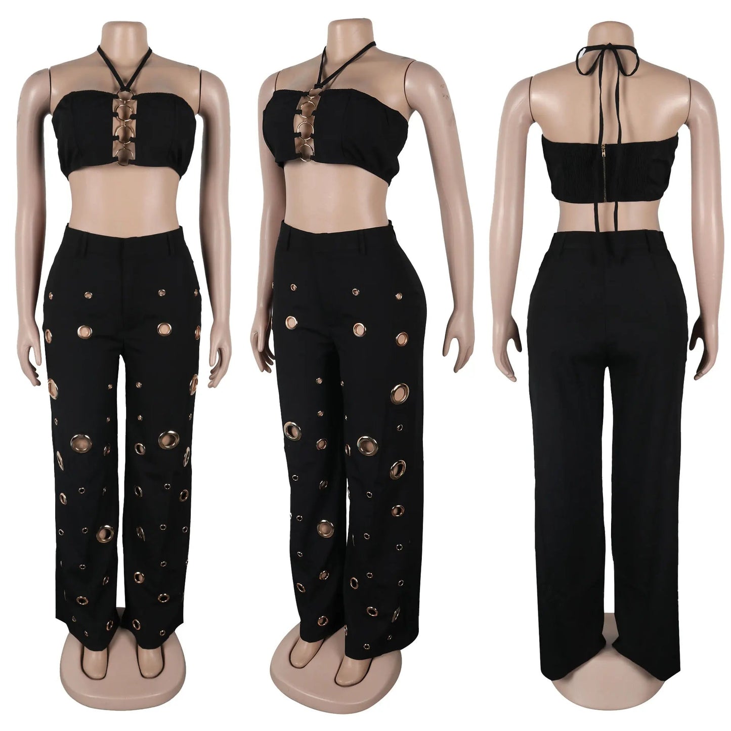Two Piece Pant Set Strapless Bustier Top High Waist Wide Leg Y2K Streetwear Collection - SN Wigs & More