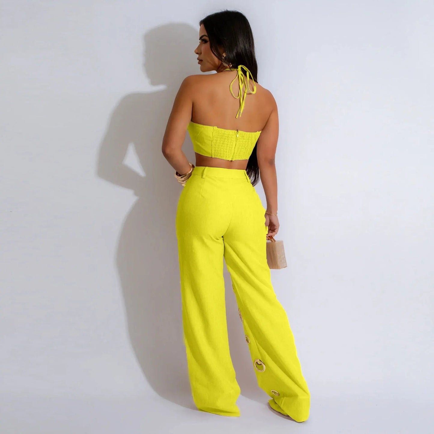 Two Piece Pant Set Strapless Bustier Top High Waist Wide Leg Y2K Streetwear Collection - SN Wigs & More