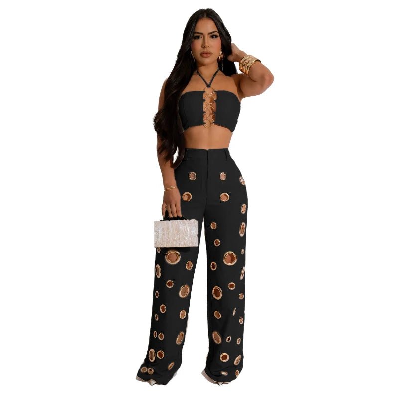 Two Piece Pant Set Strapless Bustier Top High Waist Wide Leg Y2K Streetwear Collection - SN Wigs & More