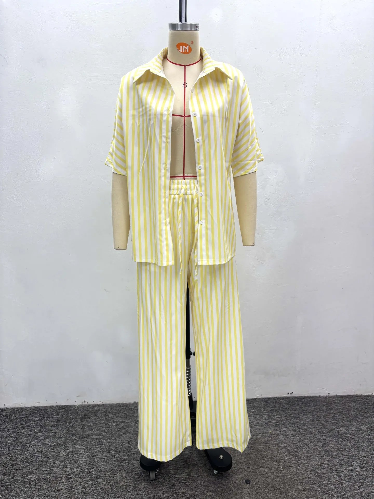 Two Piece Pant Set Striped Pattern With Elastic Waist Button Front Short Sleeves Turn Down Collar Casual Summer Style - SN Wigs & More