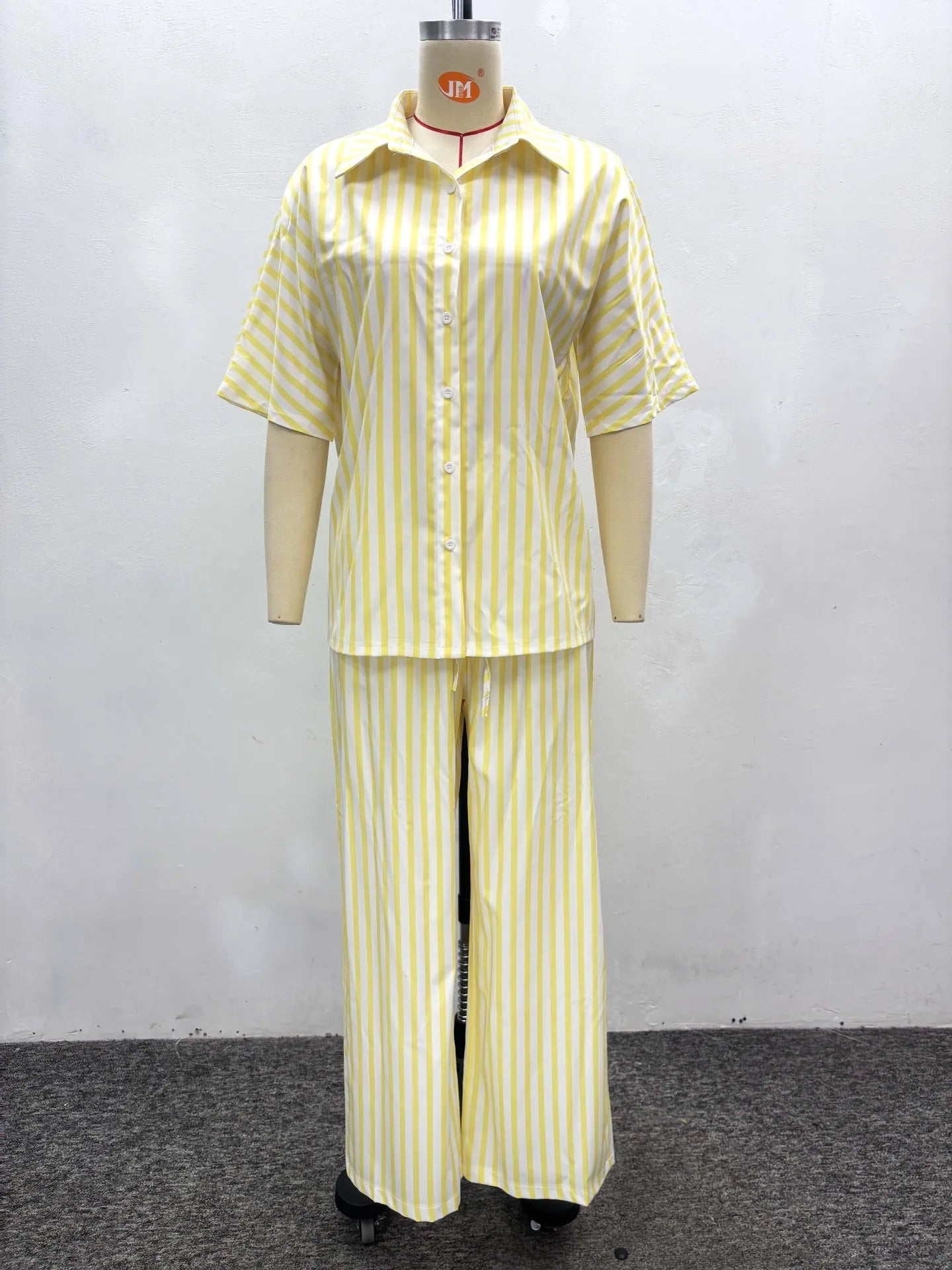 Two Piece Pant Set Striped Pattern With Elastic Waist Button Front Short Sleeves Turn Down Collar Casual Summer Style - SN Wigs & More