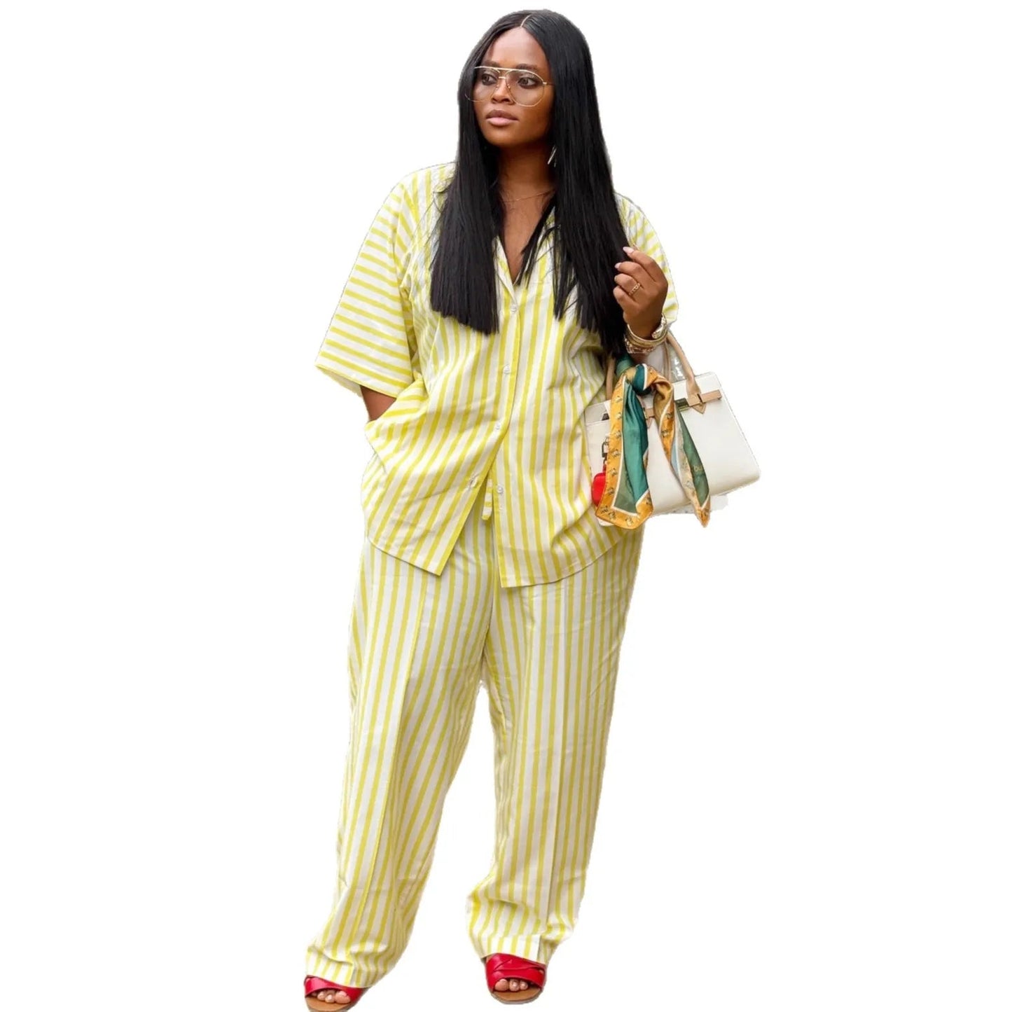 Two Piece Pant Set Striped Pattern With Elastic Waist Button Front Short Sleeves Turn Down Collar Casual Summer Style - SN Wigs & More