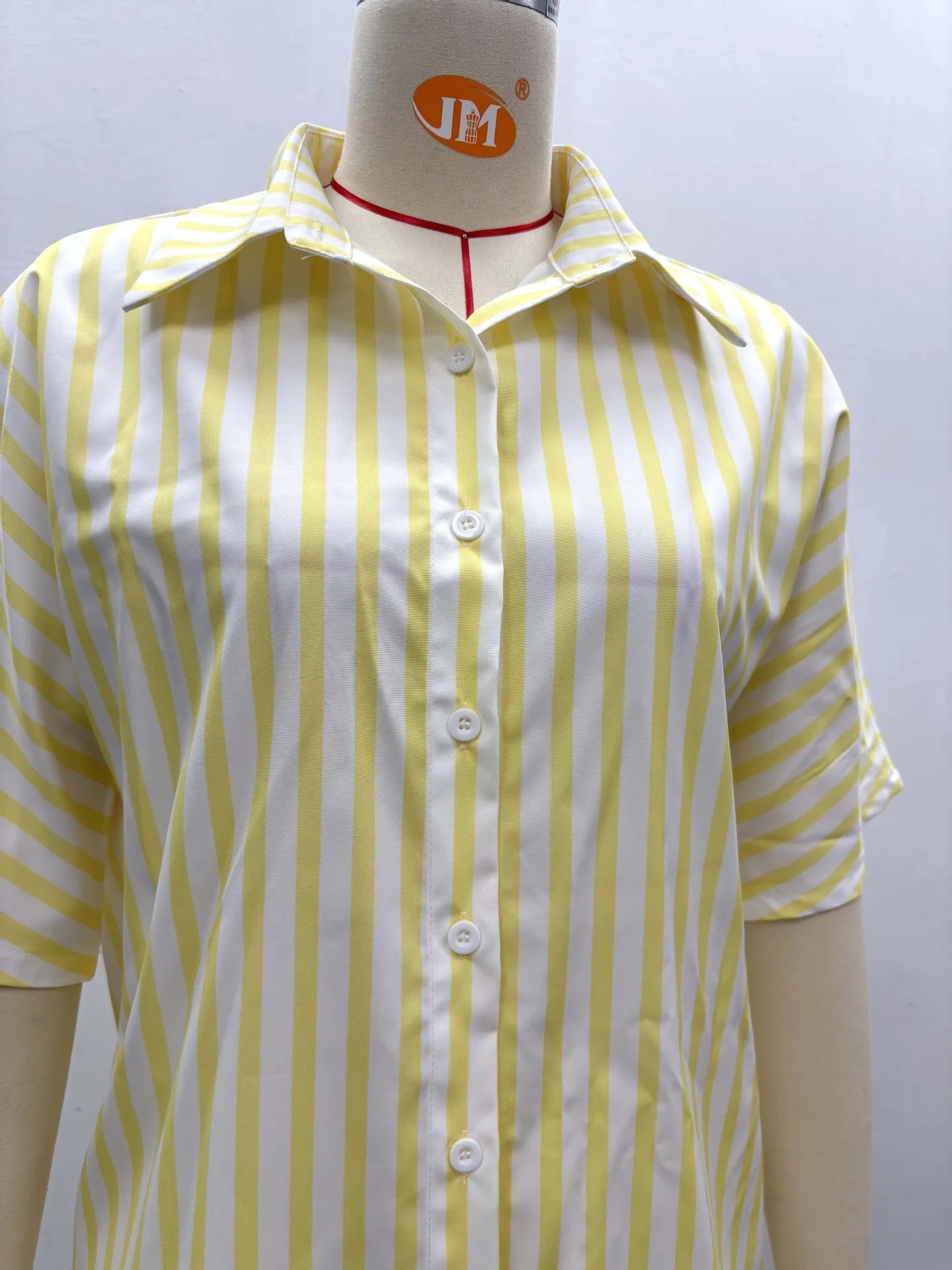 Two Piece Pant Set Striped Pattern With Elastic Waist Button Front Short Sleeves Turn Down Collar Casual Summer Style - SN Wigs & More