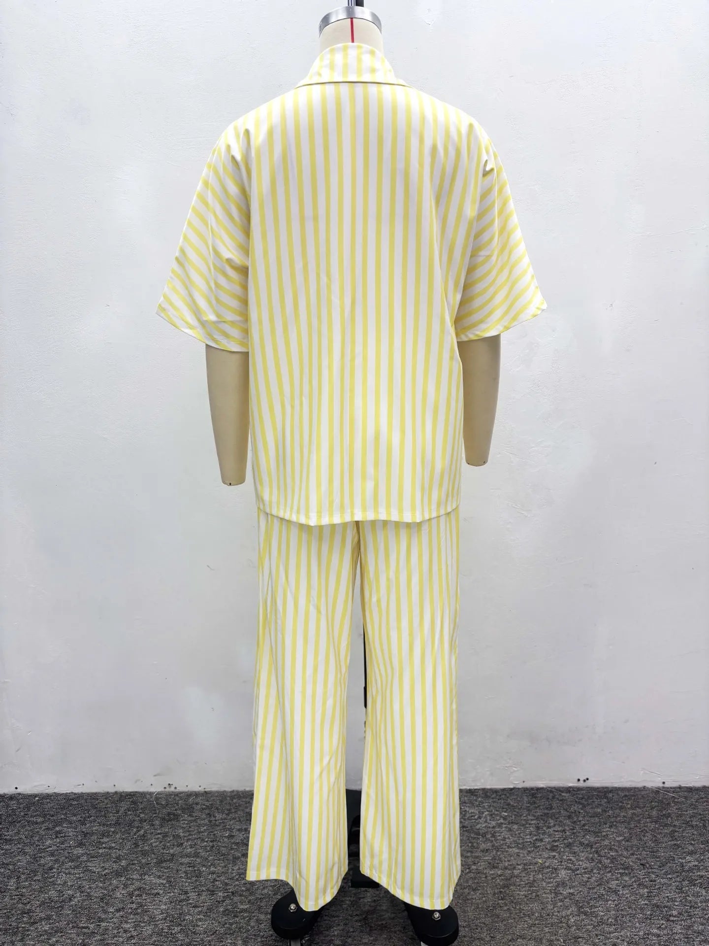 Two Piece Pant Set Striped Pattern With Elastic Waist Button Front Short Sleeves Turn Down Collar Casual Summer Style - SN Wigs & More