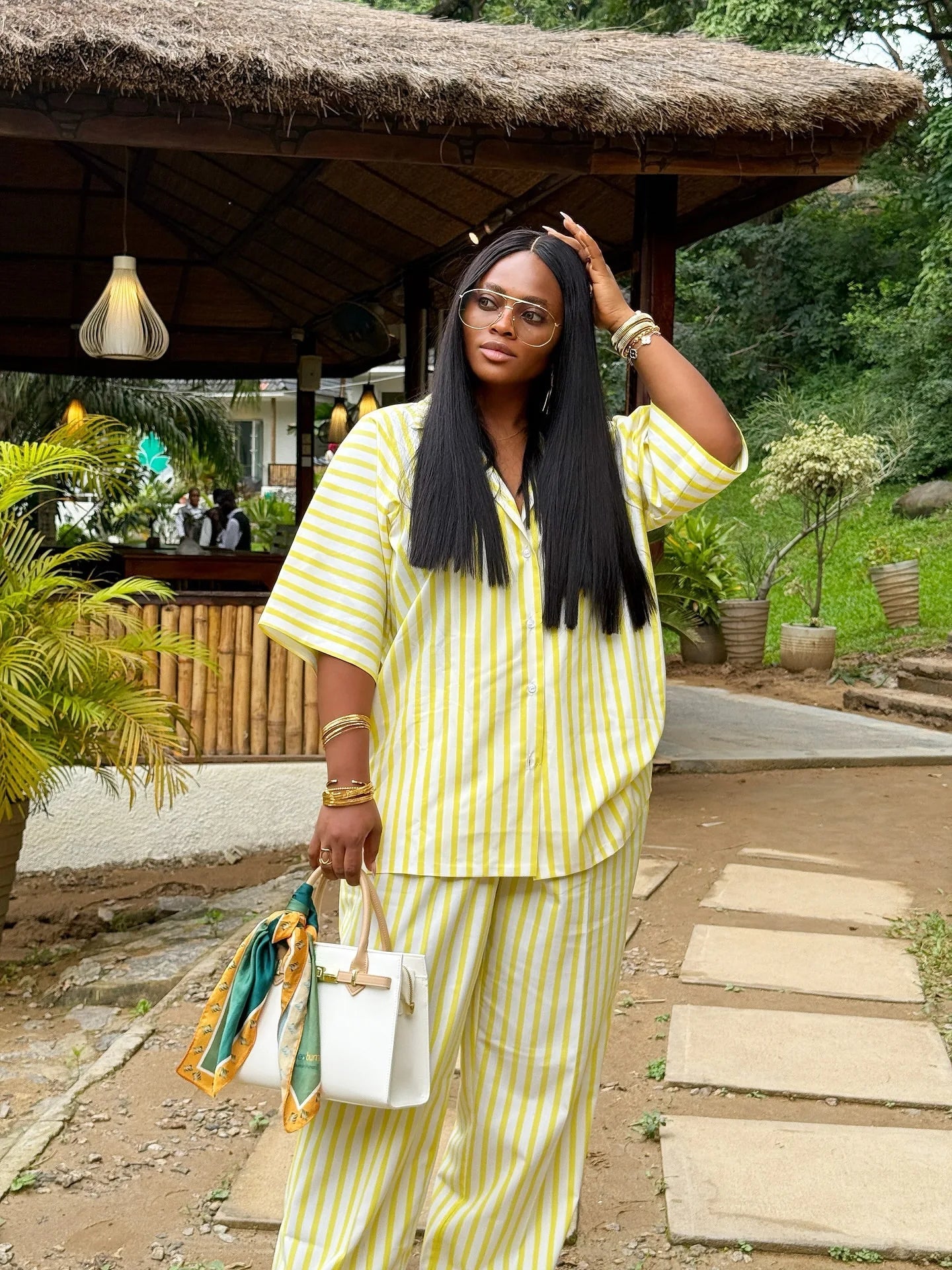 Two Piece Pant Set Striped Pattern With Elastic Waist Button Front Short Sleeves Turn Down Collar Casual Summer Style - SN Wigs & More