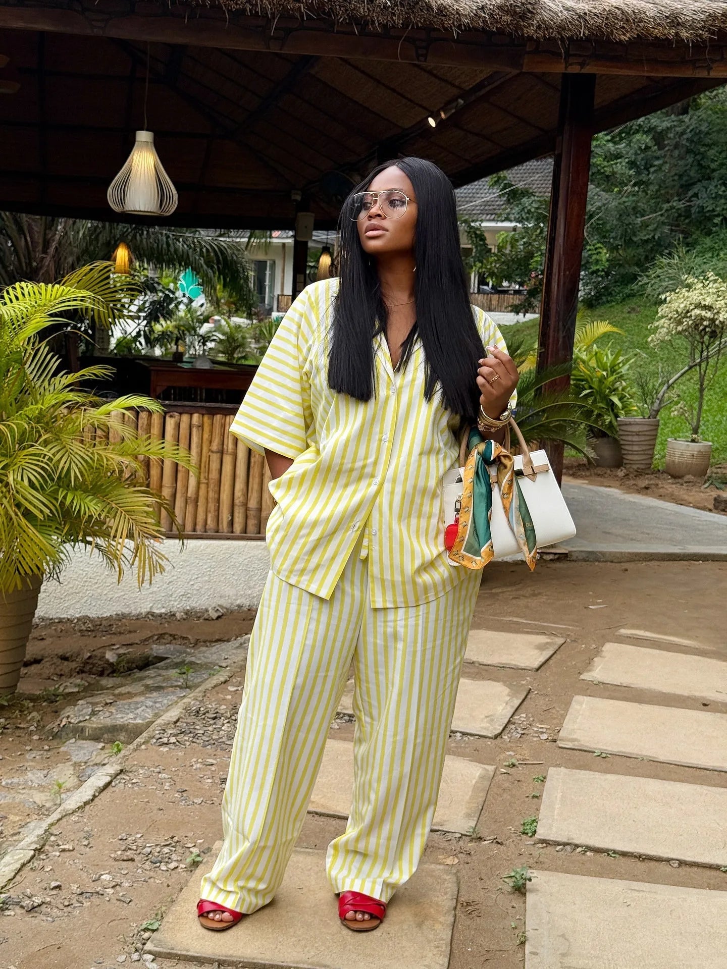 Two Piece Pant Set Striped Pattern With Elastic Waist Button Front Short Sleeves Turn Down Collar Casual Summer Style - SN Wigs & More