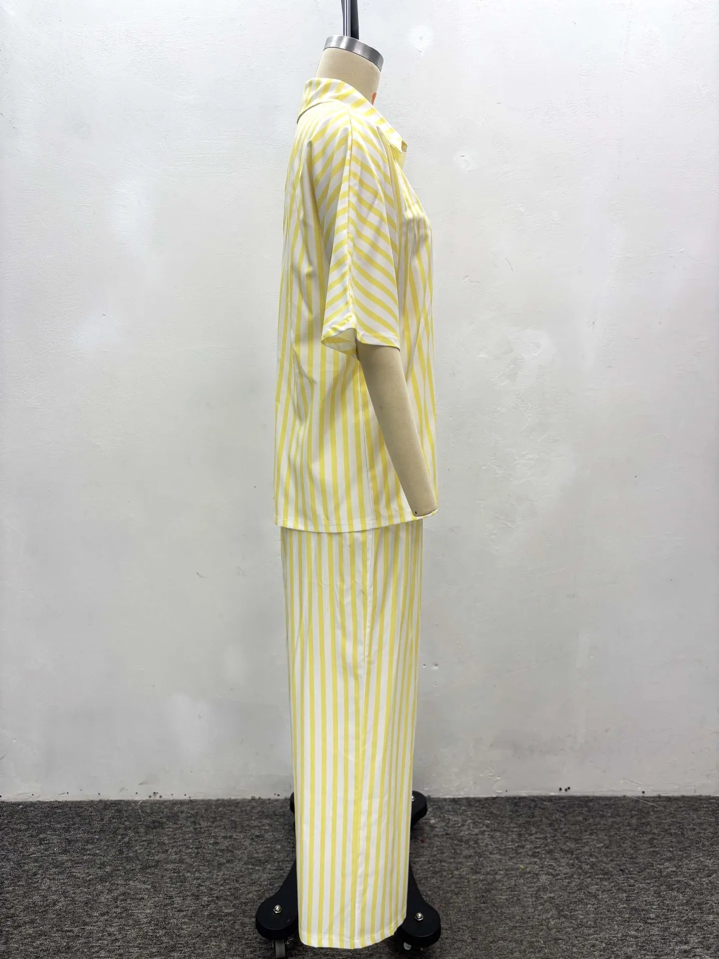 Two Piece Pant Set Striped Pattern With Elastic Waist Button Front Short Sleeves Turn Down Collar Casual Summer Style - SN Wigs & More