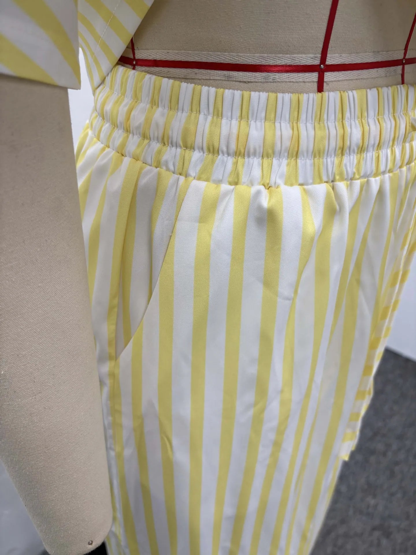 Two Piece Pant Set Striped Pattern With Elastic Waist Button Front Short Sleeves Turn Down Collar Casual Summer Style - SN Wigs & More