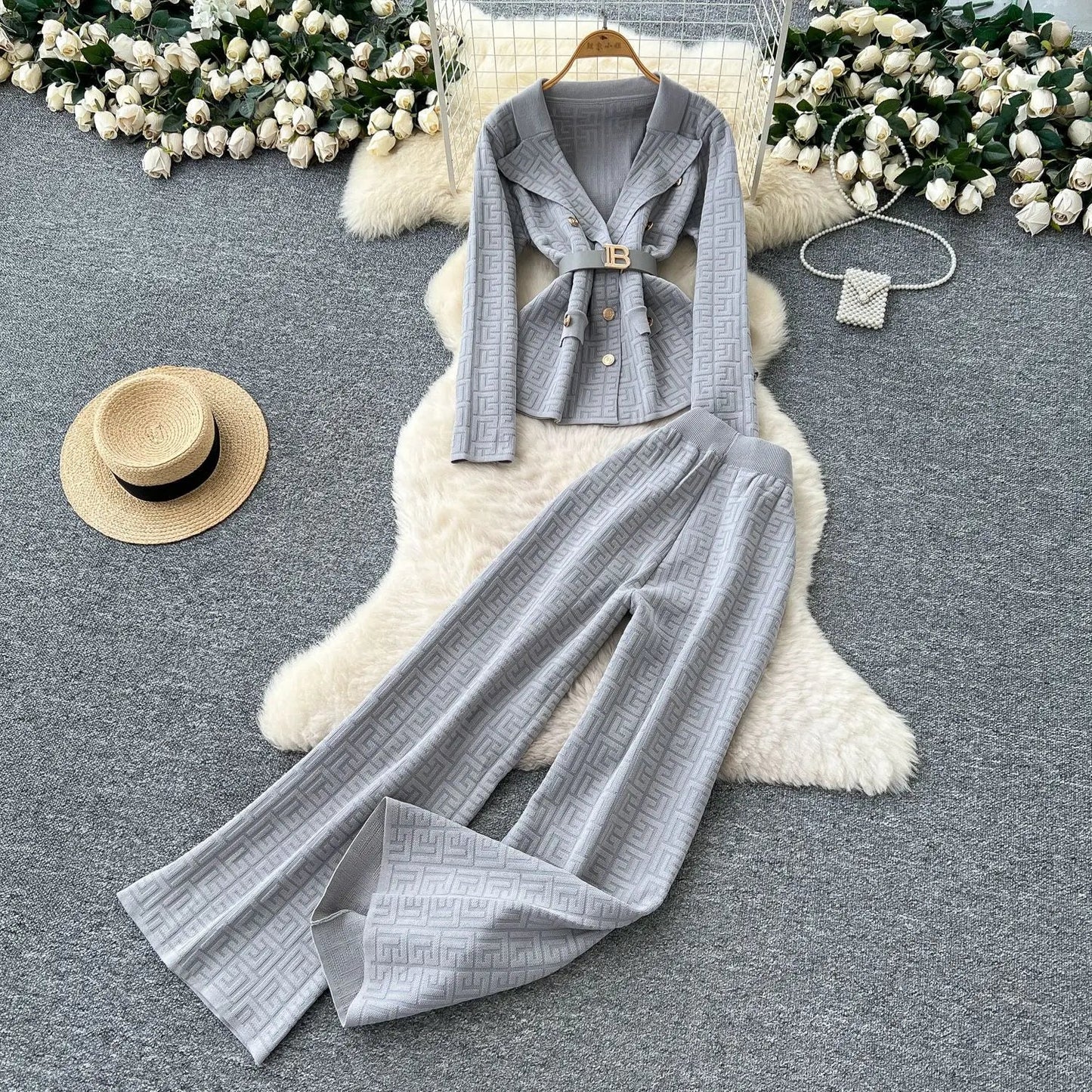 Two Piece Pant Set Turn Down Collar With High Elastic Waist Y2K Streetwear Elegant - SN Wigs & More