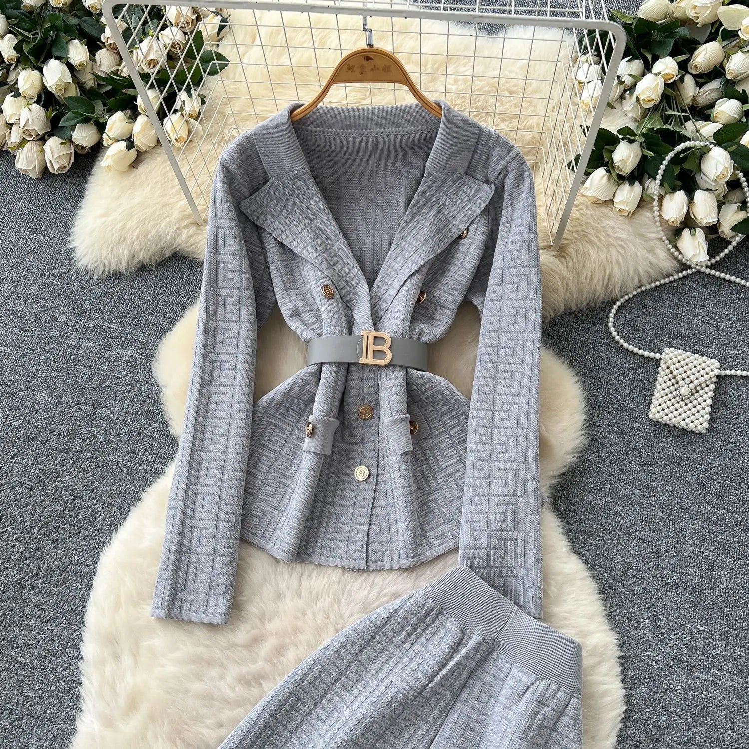 Two Piece Pant Set Turn Down Collar With High Elastic Waist Y2K Streetwear Elegant - SN Wigs & More